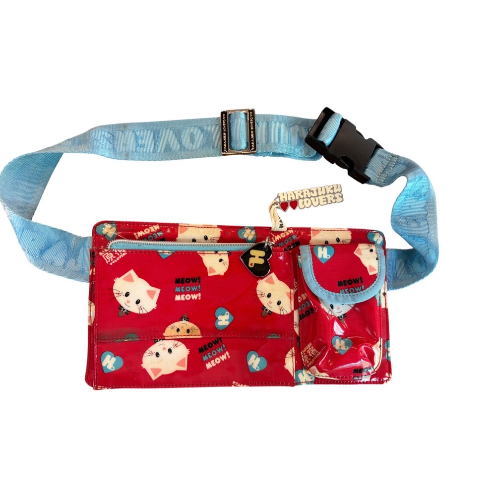 Harajuku Lovers Gwen Stefani Red Cat Meow Fanny Pack Waist Bag Y2K Blue Strap